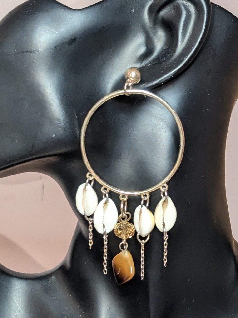 Upcycled Cowrie Shell & MOP Hoop Earrings – Earthy Boho Chandelier Dangles